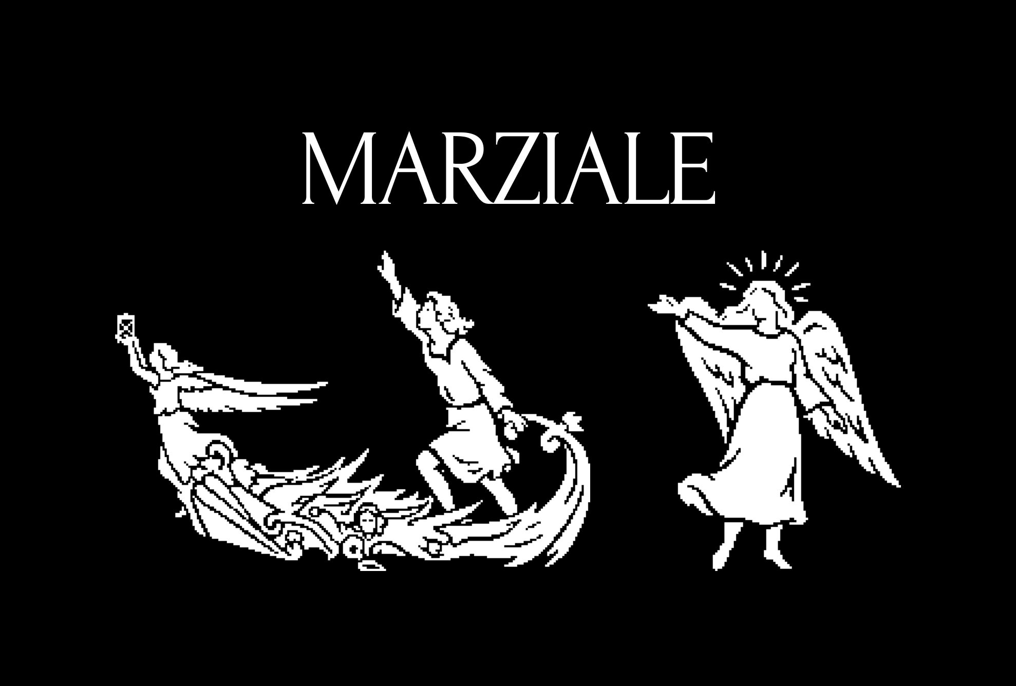 Marziale logo lockup with wordmark above, white on black