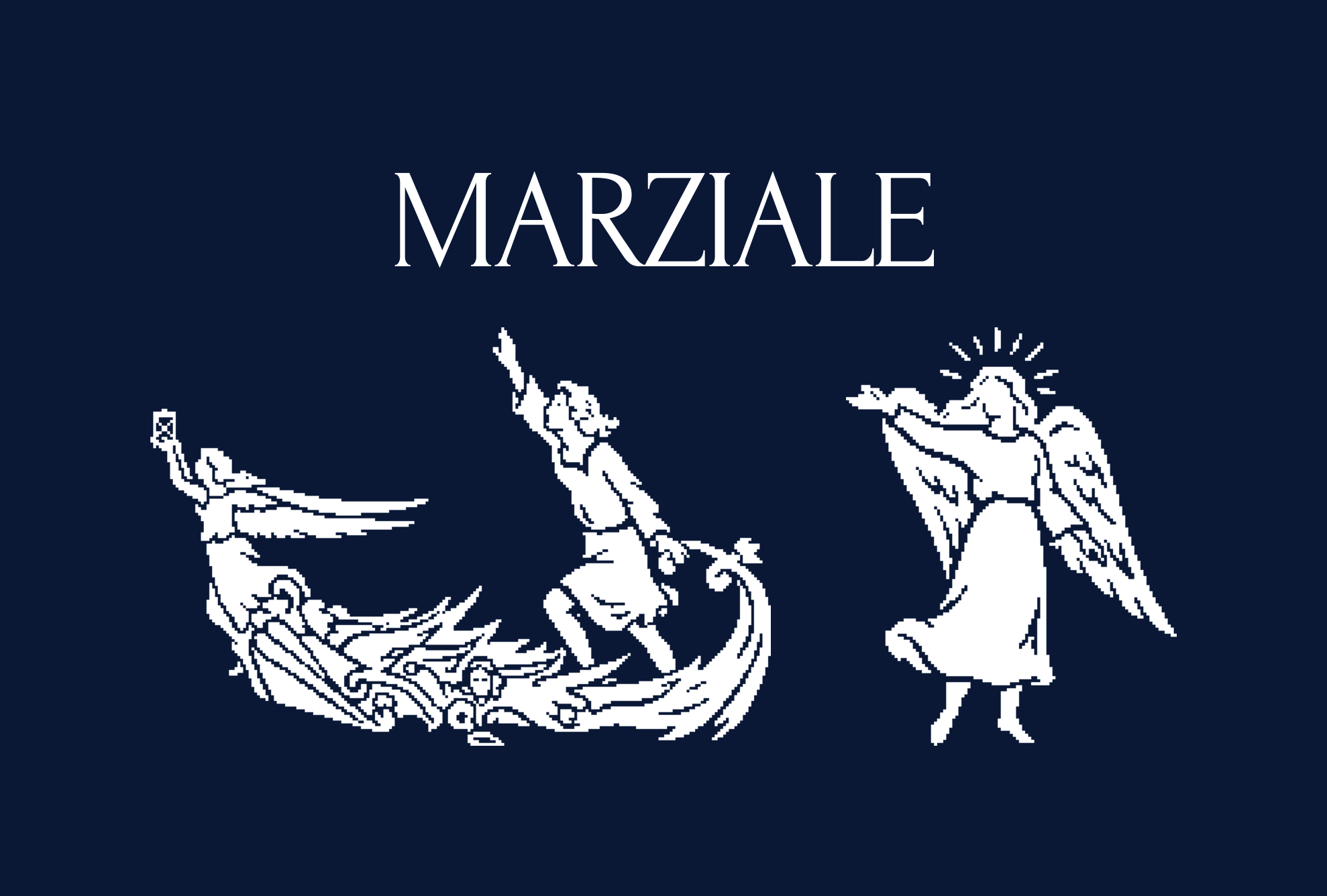 Marziale logo lockup with wordmark above, white on navy