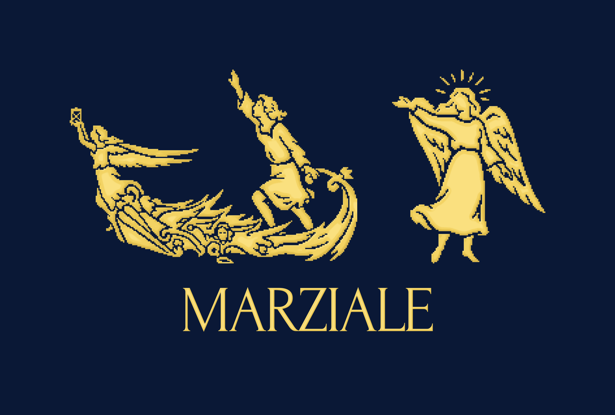 Marziale logo lockup with wordmark below, gold on navy