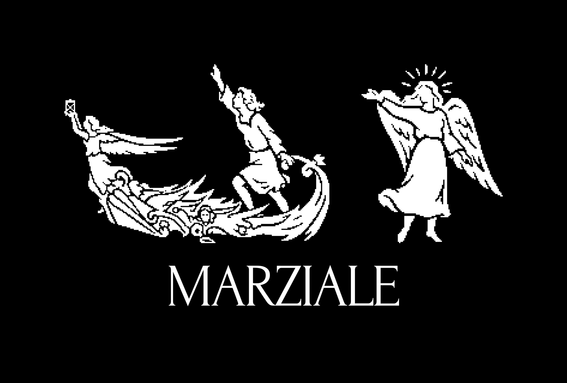 Marziale logo lockup with wordmark below, white on black