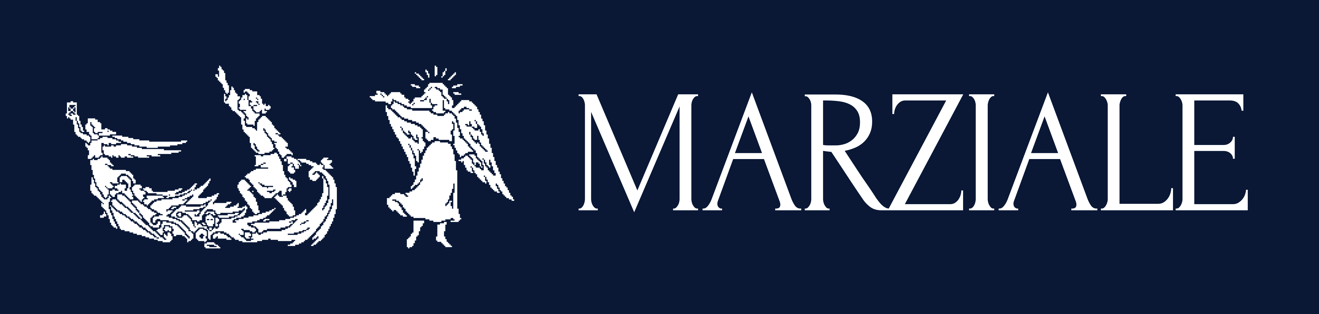 Marziale horizontal logo lockup, white on navy